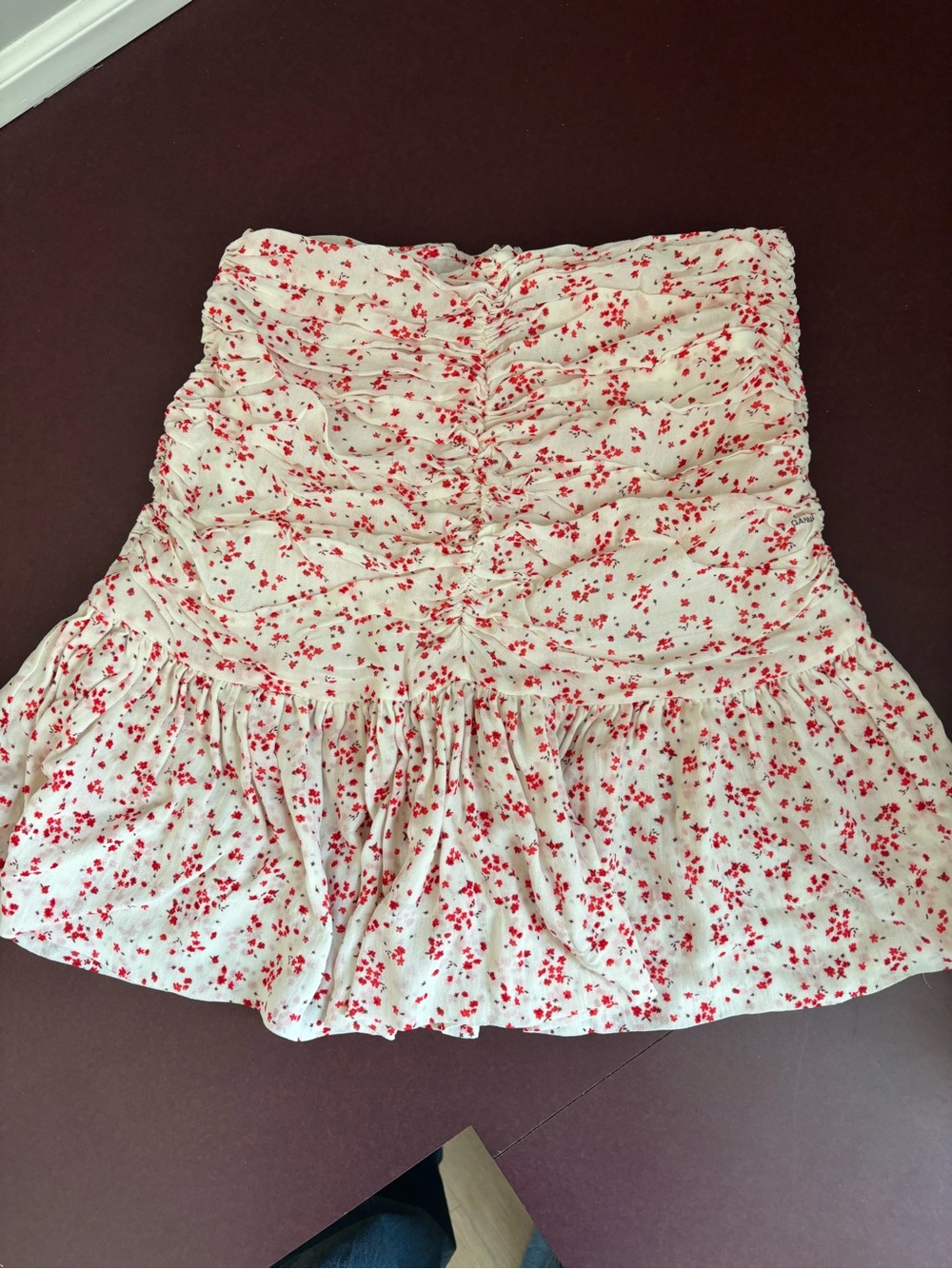 Ganni Cream Mini Skirt with Red Floral Print and Ruffle Hem
